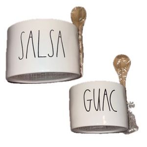 New! Rae Dunn Salsa and Guacamole Serving Bowls with Wooden Spoons